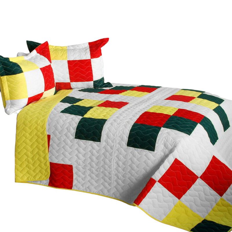 Queen Size 3PC Vermicelli Quilted Patchwork Quilt Set for Bedroom Decor-White image number 1