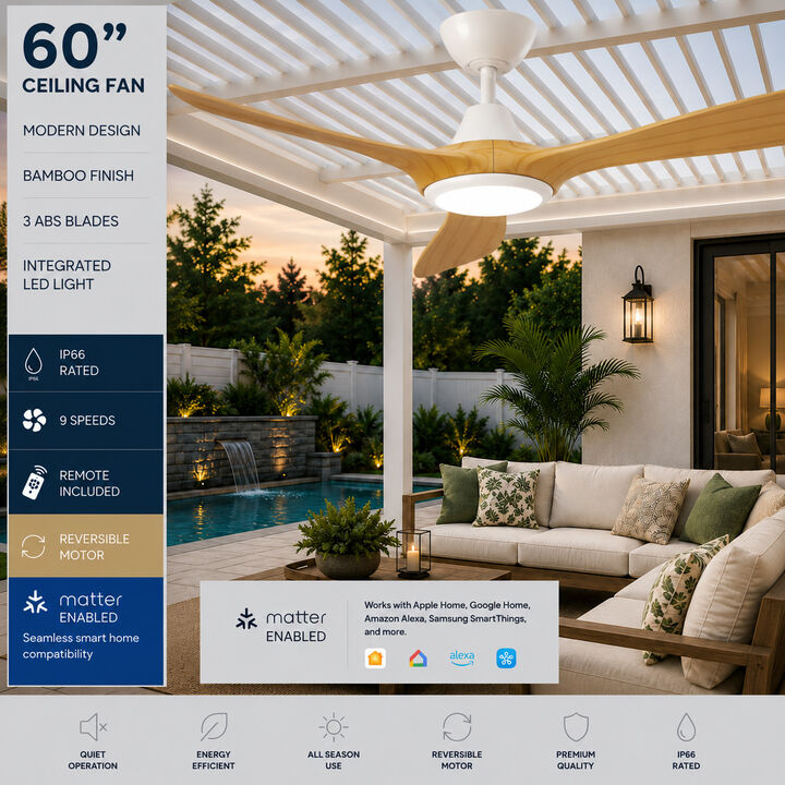 ENLIGHT 60" Smart DC Ceiling Fan with Light, IP66 Outdoor/Coastal Rated, Matter Smart Home Integration, 3 Blades