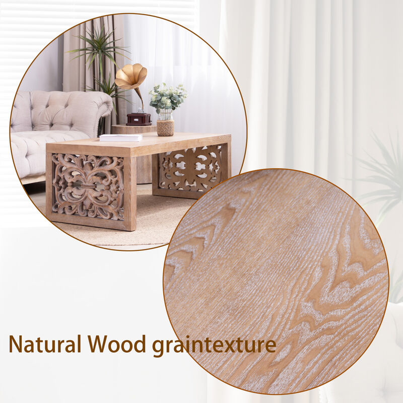 GOODSILO Rustic Carved Wood Coffee Table with Ornate Side Panels and Natural Finish image number 8