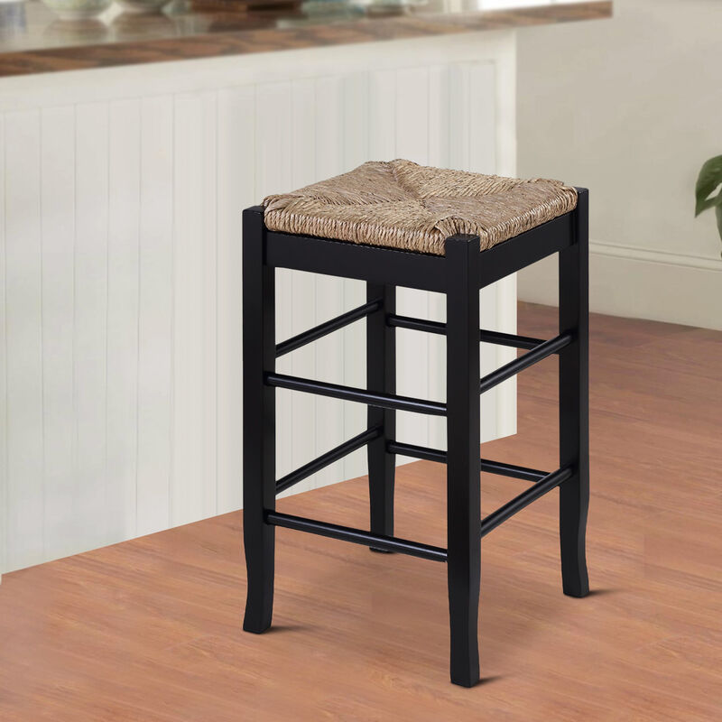 Chris 24 Inch Counter Stool with Wood Frame, Handwoven Rush Seat, Black-Benzara