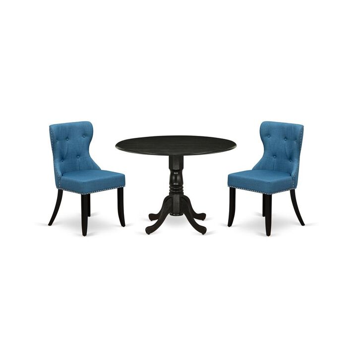 East-West Furniture DLSI3-ABK-21 - A dining table set of 2 excellent parson chairs using Linen Fabric Mineral Blue color and a gorgeous midcentury dining table with Wire brushed Black