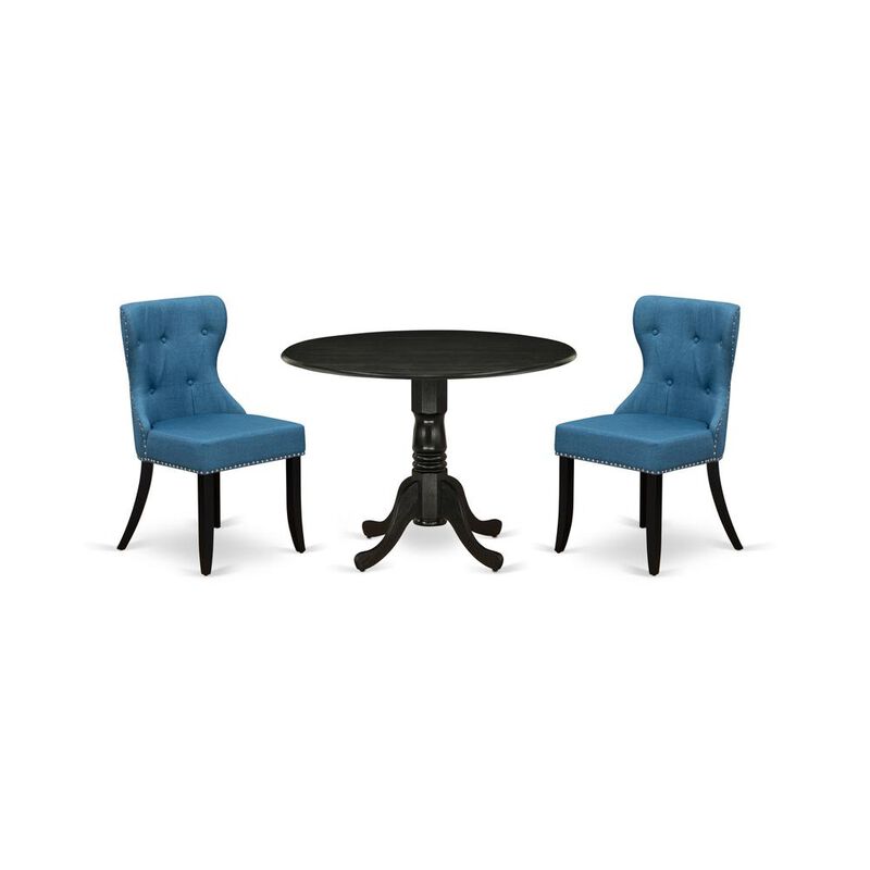 East-West Furniture DLSI3-ABK-21 - A dining table set of 2 excellent parson chairs using Linen Fabric Mineral Blue color and a gorgeous midcentury dining table with Wire brushed Black