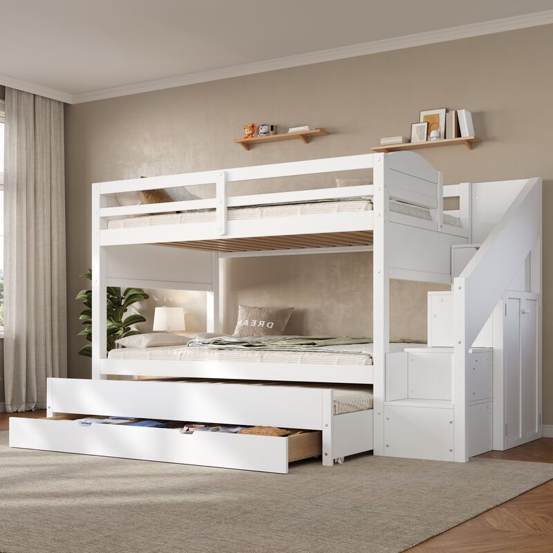 Merax Twin XL White Bunk Bed with Trundle, Storage Staircase, Drawers & Wardrobe image number 1