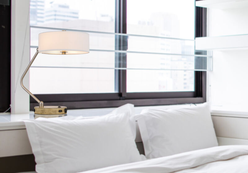 Hivvago 20" Brown Metal Two Light Lantern Desk USB Table Lamp With White Drum Shade