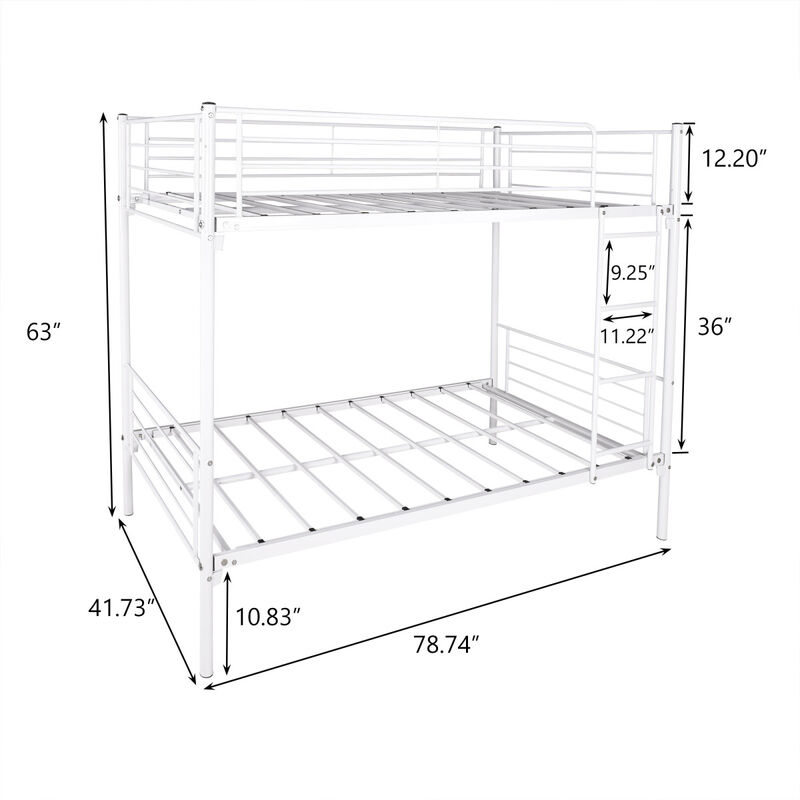 Twin-Over-Twin Bunk Bed with Metal Frame and Ladder, Space-Saving Design, White