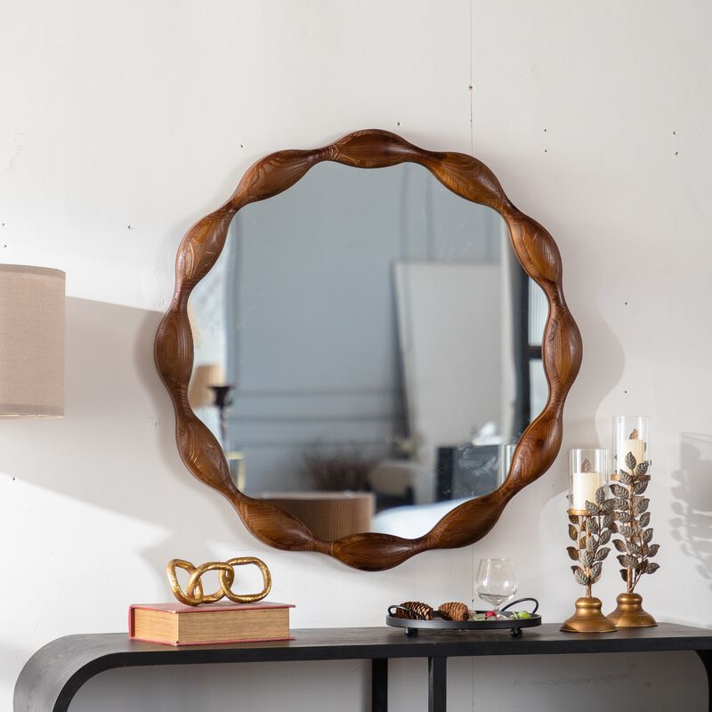 32.28"Solid Wood Round Mirror, Rustic Farmhouse Wavy Irregular Decorative Wall Mirror-Large Circle Wood Frame Mirror image number 2