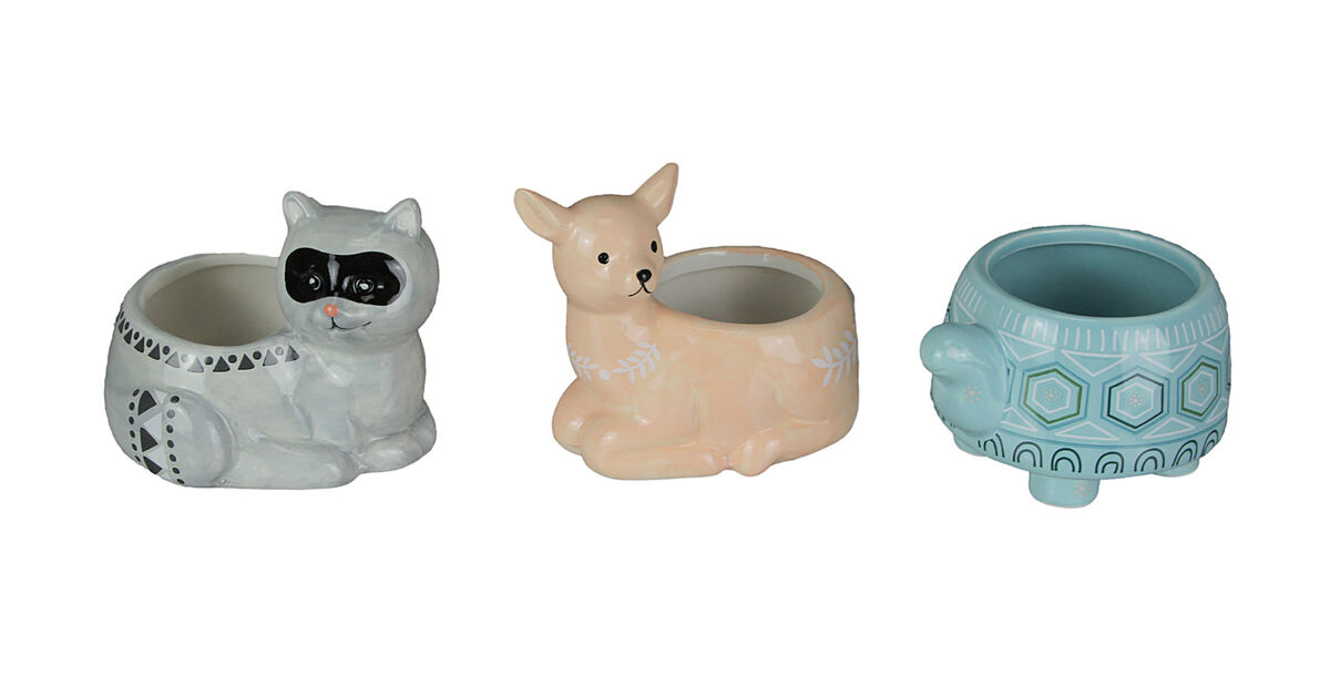 3 Forest Critters Raccoon Deer and Tortoise Dolomite Ceramic Mini Planters