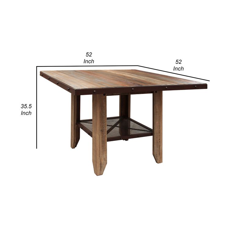 Fena 52 Inch Counter Height Dining Table, Iron Mesh Shelf, Multicolor Wood