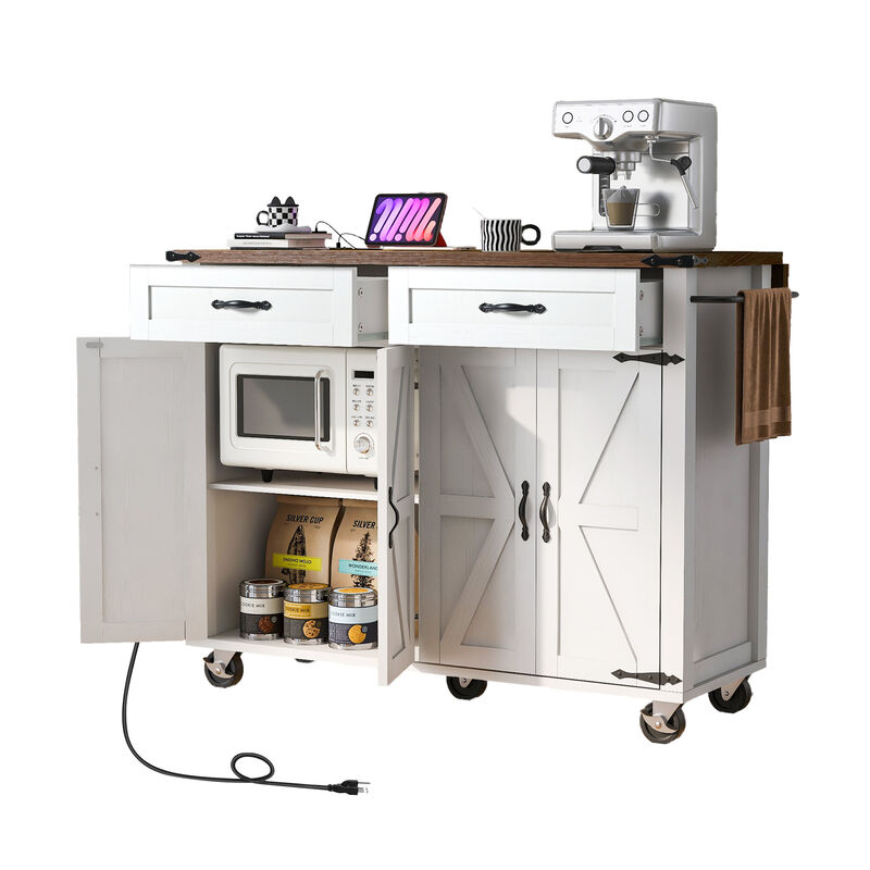 Whisen Farmhouse Style Kitchen Cart Island with Drop-Leaf, Power Outlet, Spice Rack and Drawer - White