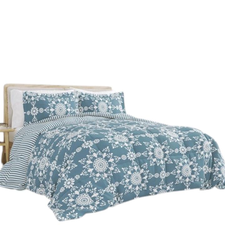 Hivvago Full/Queen size 3-Piece Blue and White Reversible Floral Striped Comforter Set