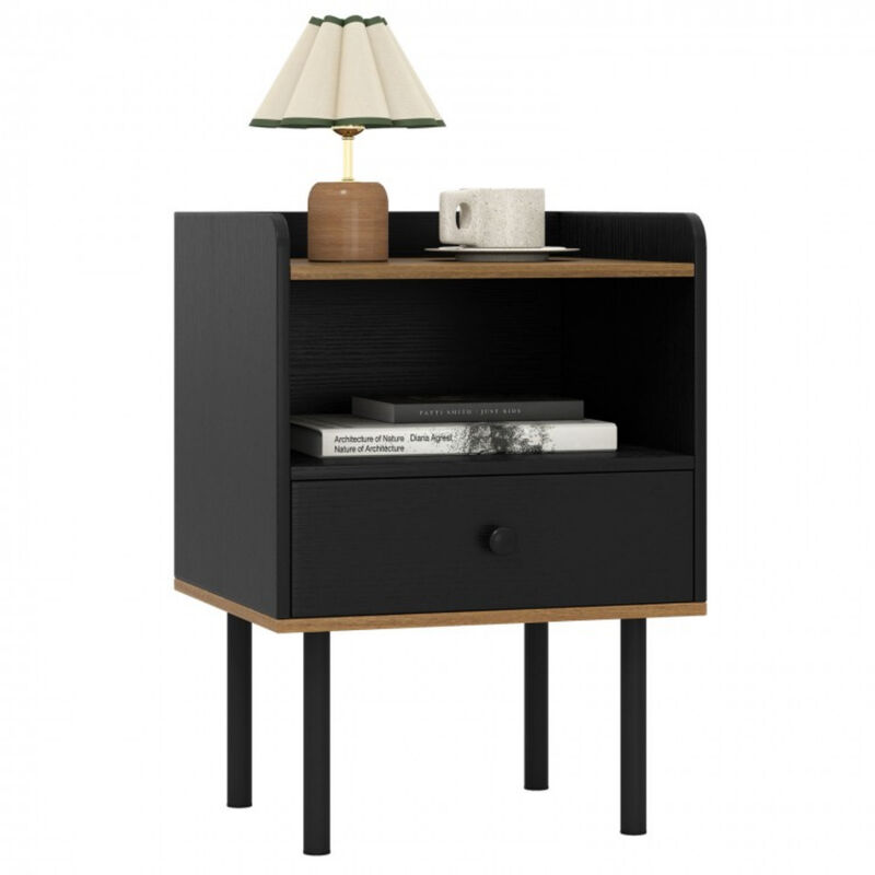 Bedside Nightstand with Storage Drawer and Open Shelf for Bedroom-Black image number 3