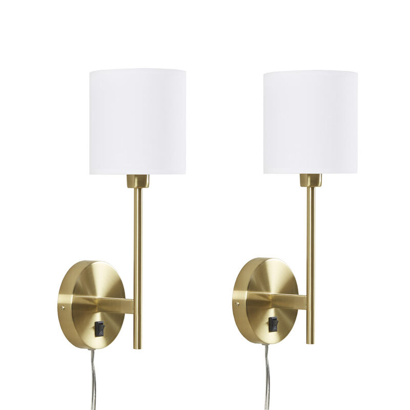 Gracie Mills Sangrey Set of 2 Brass Metal Wall Sconces with Cream Cylinder Shades