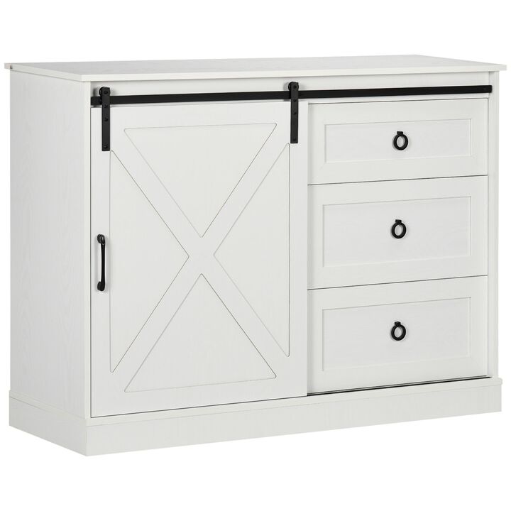 White Farmhouse Storage: Kitchen Sideboard with Barn Door & Drawers