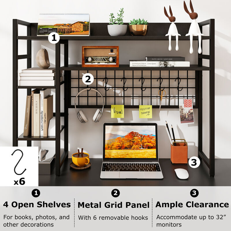 4-Tier Office Desk Shelf with Metal Grid Panel and Multiple Hooks
