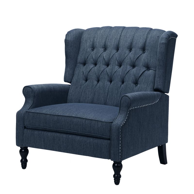 Jade Oversize Wide Chair Manual Recliner, Navy Blue Button Tufted - Benzara