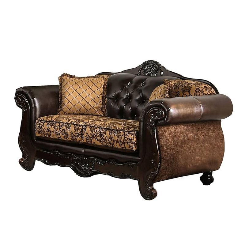 Quo 2pc Sofa Loveseat Set, Tan, Dark Brown Chenille, 4 Accent Pillows  - Benzara image number 2