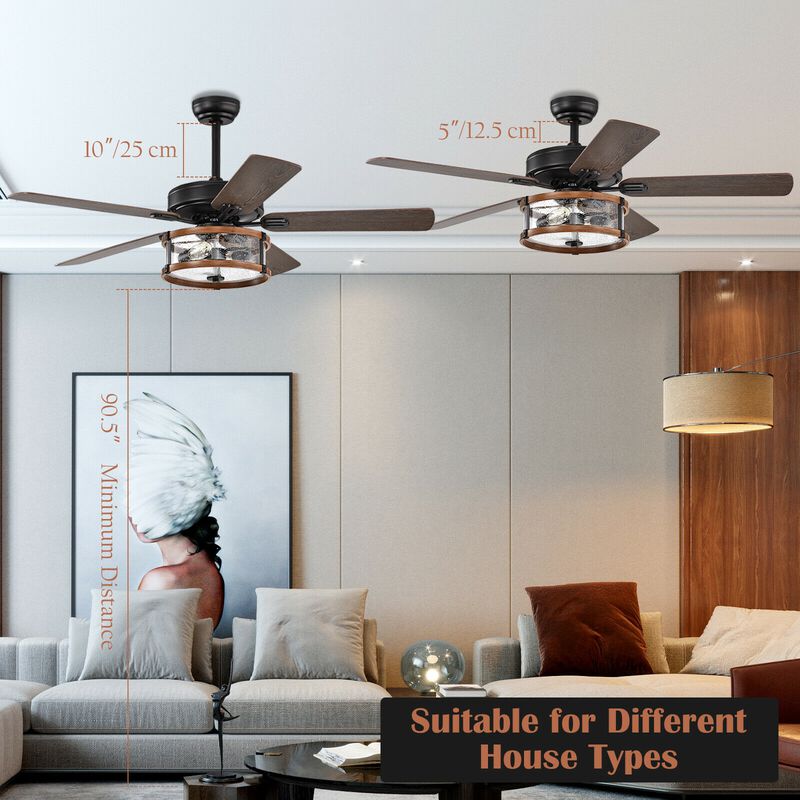 52" Retro Ceiling Fan Lamp with Glass Shade Reversible Blade Remote Control