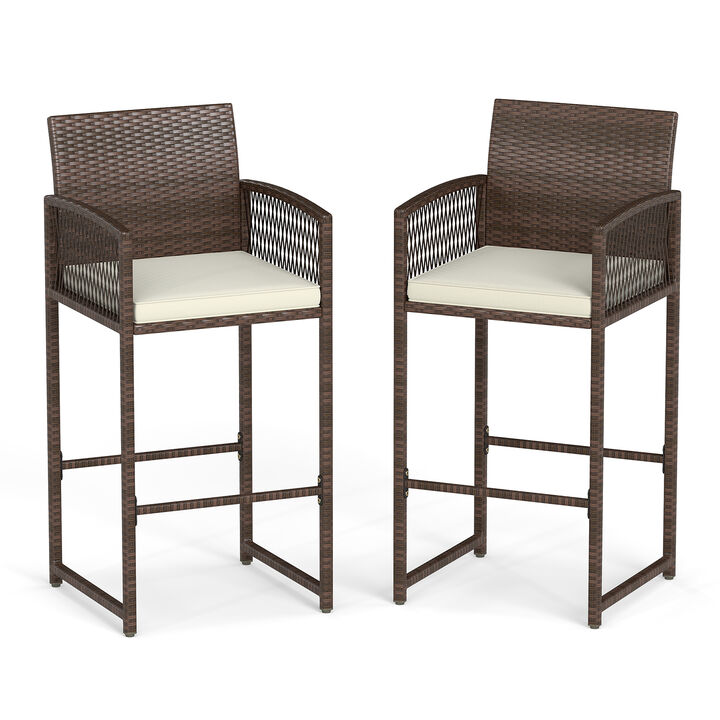 Set of 2 Patio Bar Height Wicker Chairs with Cushions – Outdoor Seating