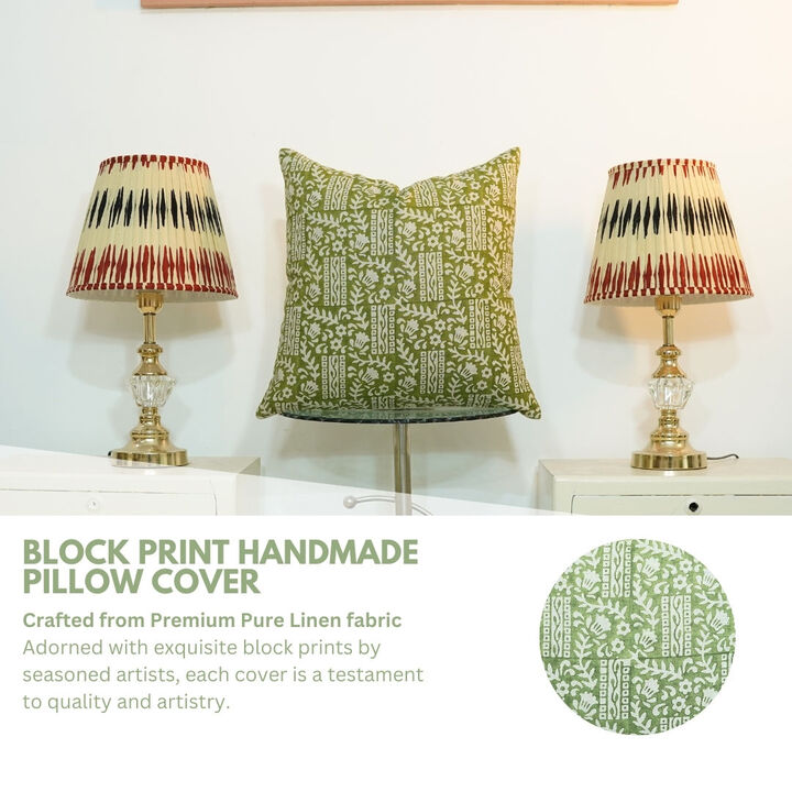 Fabdivine Handblock Floral Pillow Cover Boho Pure Linen Cushioncase for Sofa, Couch, Bed, Living Room, Handmade Indoor Accent, Mumtaaz