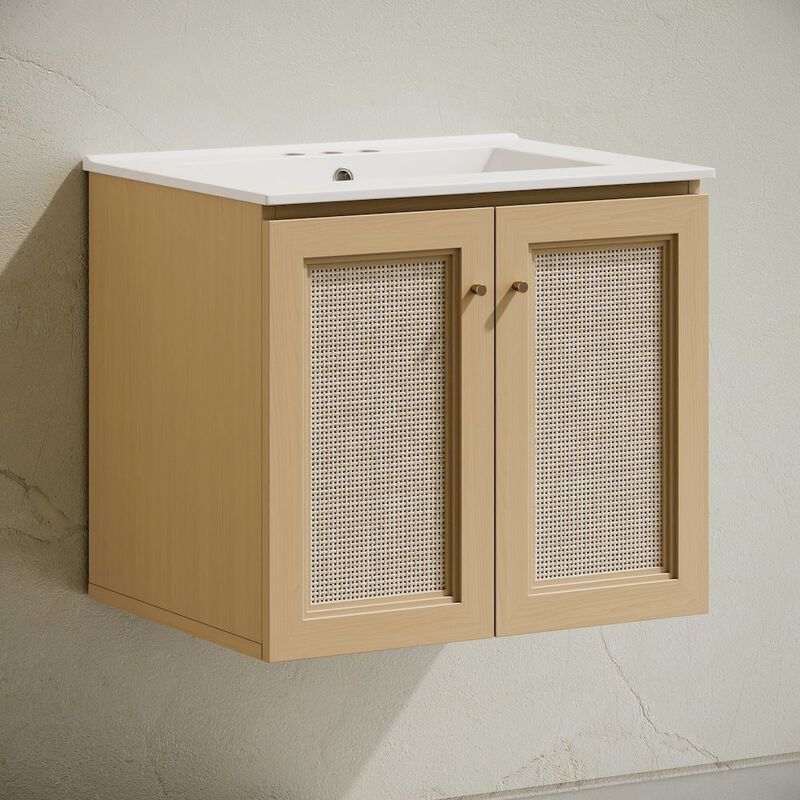 24" Wall-Mounted Bathroom Vanity, Natural Oak, Centerset Faucet Holes Vanity Top image number 1