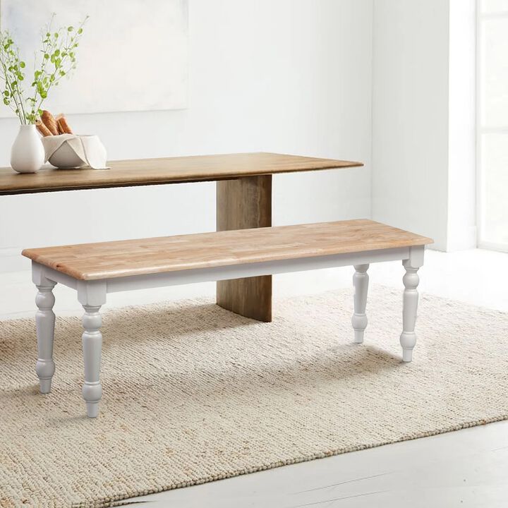 Grained Rectangular Wooden Bench with Turned Legs, Natural Brown and White- Benzara