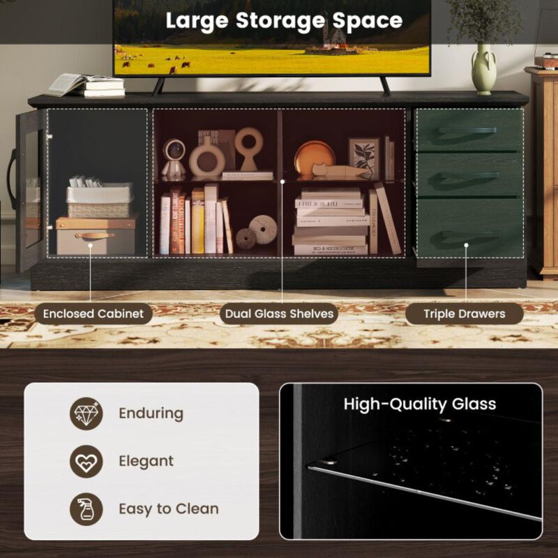 Hivvago 63 Inches Media Console Table with 3 Drawers and 2 Glass Shelves-Gray