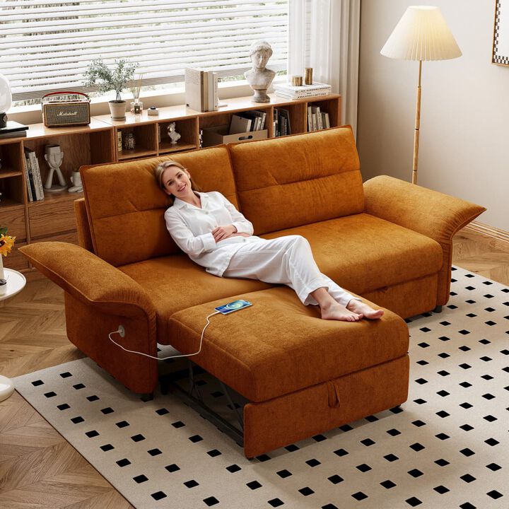 Convertible sleeper sofa bed, Plush fabric pull out futon with USB charging ports, 85 inch sofa bed for small spaces