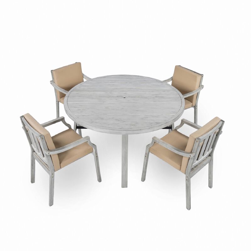 Mondawe Outdoor Patio 5-Pcs Acacia Wood Dining Set,Table With Umbrella Hole & 4-Seater Iron Chairs