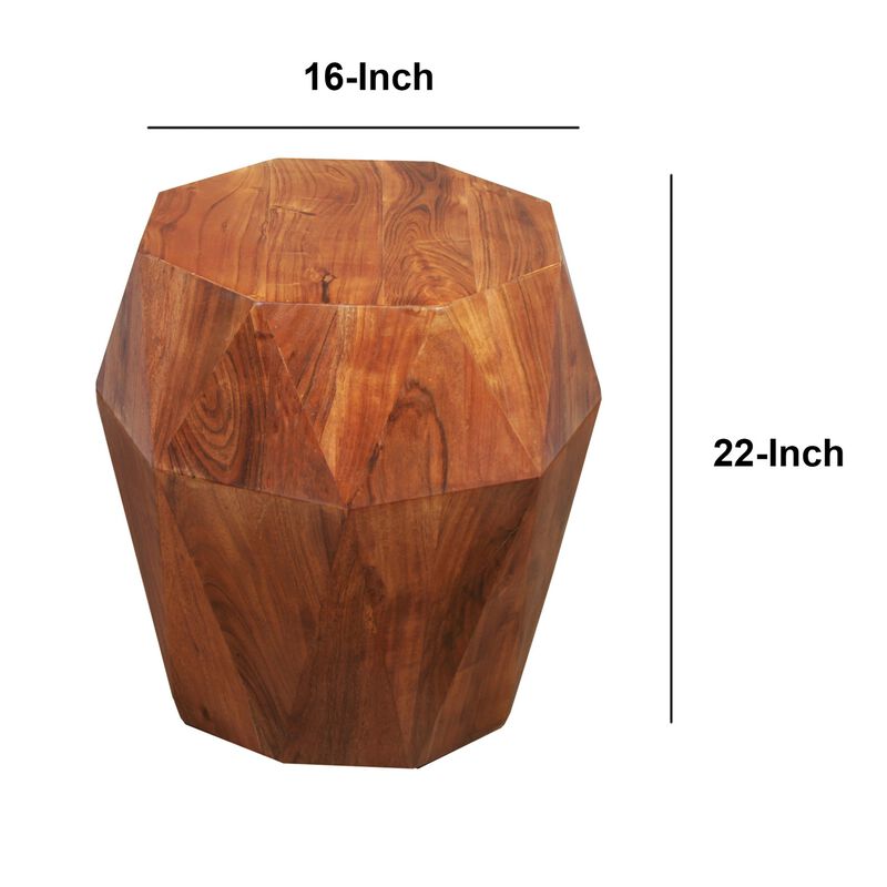 Bon 22 Inch Artisanal End Side Table, Multifaceted Solid Acacia Wood, Octagon Top, Warm Brown-Benzara