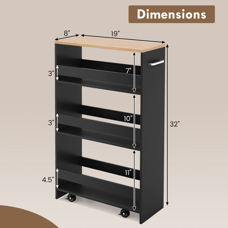 Multi-Tier Slim Rolling Storage Cart with Handle, Open Shelves, and Wheels
