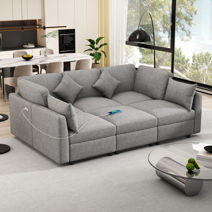 86.6" U-Shaped Modular Sectional Sofa with Movable Ottoman and USB Ports