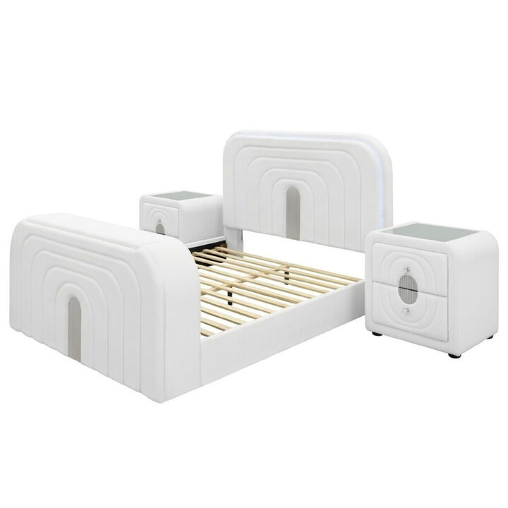 Queen Size Bedroom Set, White Finish, 3-Piece Set with Bed and Two Nightstands
