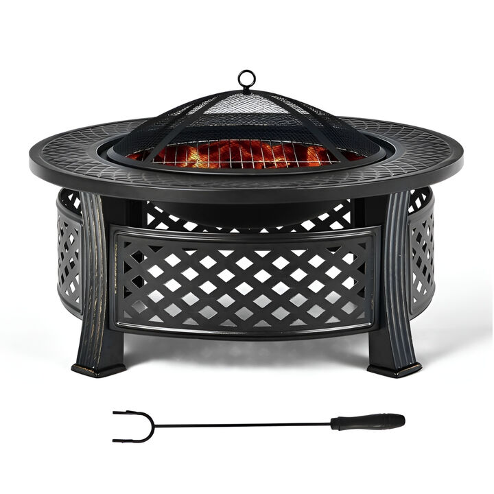 Multifunction Rustic Steel Fire Pit with BBQ Grill and Safety Mesh Cover