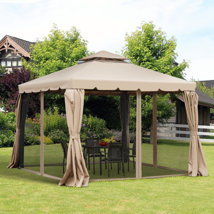 10' x 10' Patio Gazebo Outdoor Canopy Shelter with Double Vented Roof, Netting and Curtains for Garden, Lawn, Backyard and Deck, Khaki