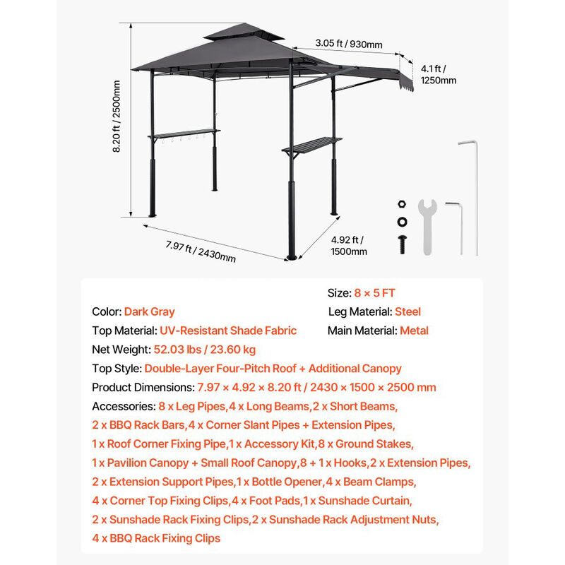 Outdoor BBQ Gazebo with Double-Tier Roof, Steel Grill Shelter, Side Shelves and Hanging Hooks-Dark Grey image number 2