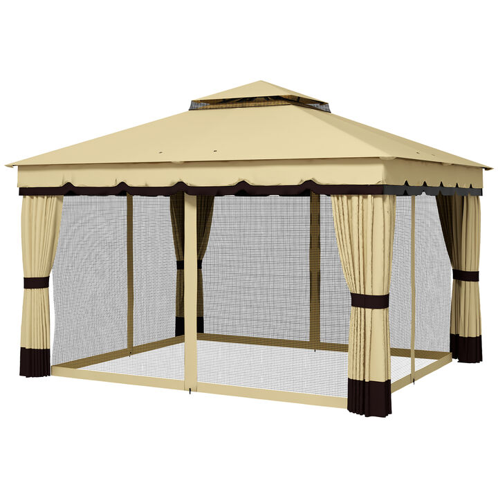 Outsunny 10' x 12' Patio Gazebo, Double Roof Outdoor Gazebo Canopy Shelter with Netting and Curtains, Solid Metal Frame for Garden, Lawn and Deck, Beige