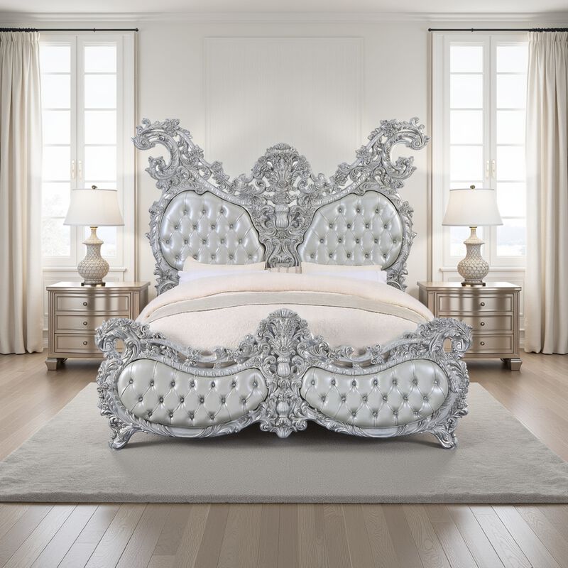 Vera King Size Bed, Ornate Carving, Platinum Faux Leather Upholstery - Benzara