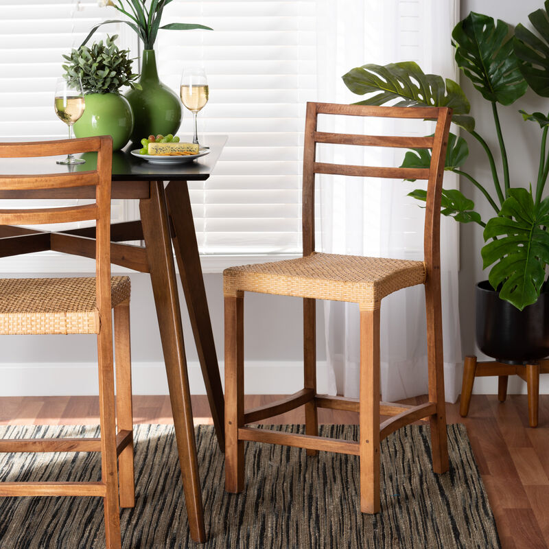 Baxton Studio Arthur Mid-Century Modern Walnut Brown Mahogany Wood and Natural Rattan Counter Stool