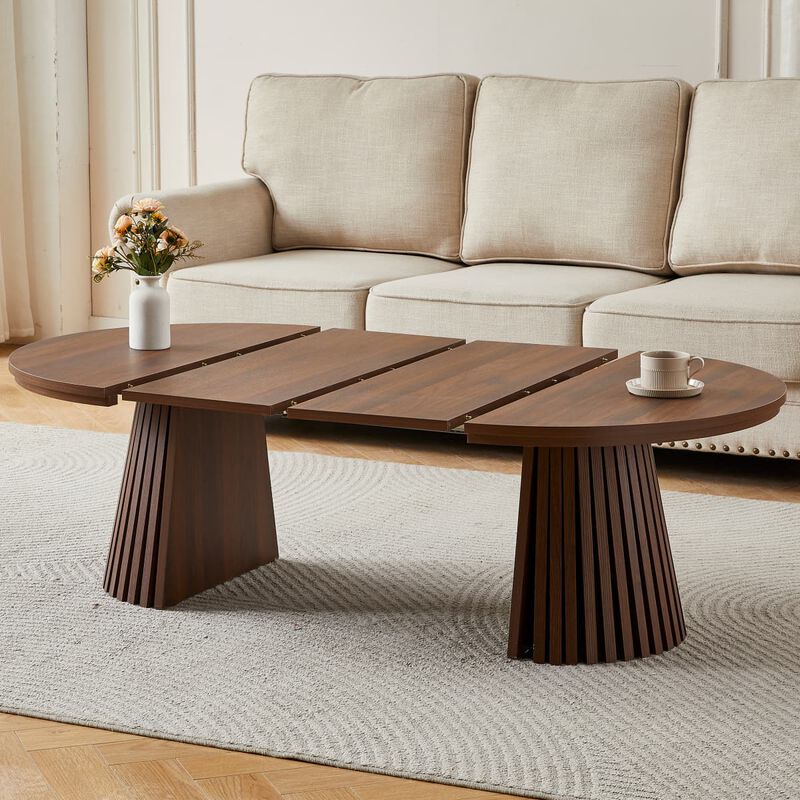 Extendable coffee table MDF oval coffee table with slatted legs Space saving coffee table for living room and home office image number 4