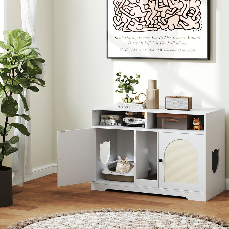 Hidden Cat Litter Box Enclosure with Storage and Double Rooms-White image number 3