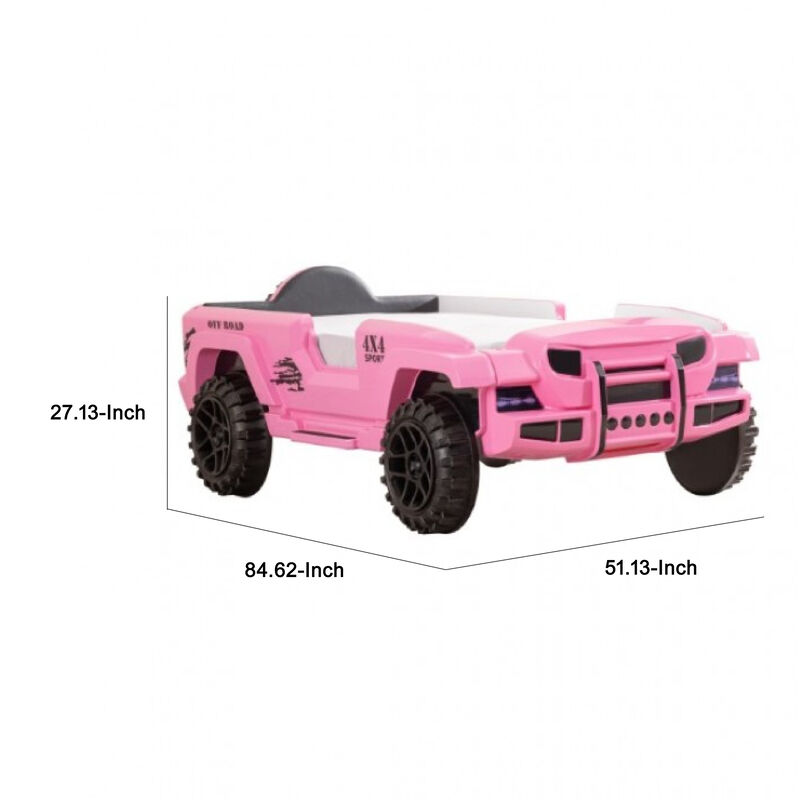 Randy SUV Twin Bed with Lights and Sound Effects, Pink Faux Leather - Benzara