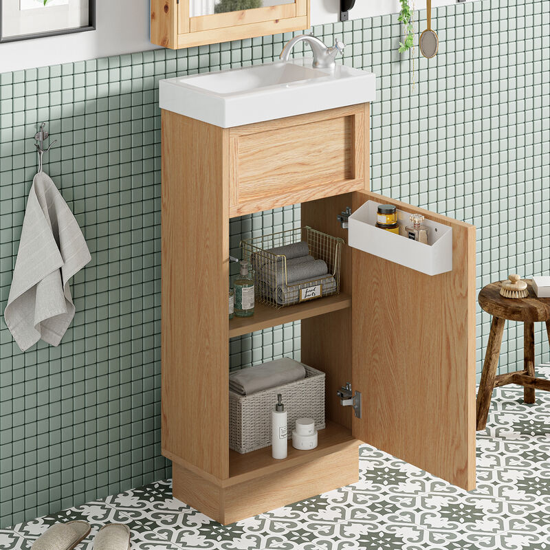Whisen 15.75" Bathroom Vanity with Reversible Resin Sink, MDF Cabinet with Adjustable Shelf and Push-to-Open Door