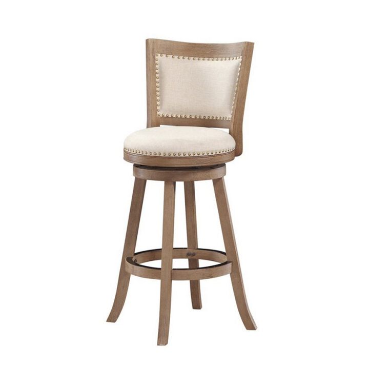 Nailhead Trim Round Barstool with Padded seat and Back, Brown and Beige-Benzara