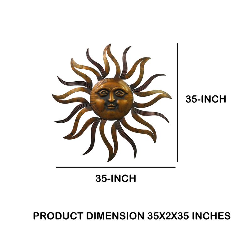 35 Inch Round Wall Mounted Sun Face Accent Decor, Carved Rustic Gold and Black Metal-Benzara