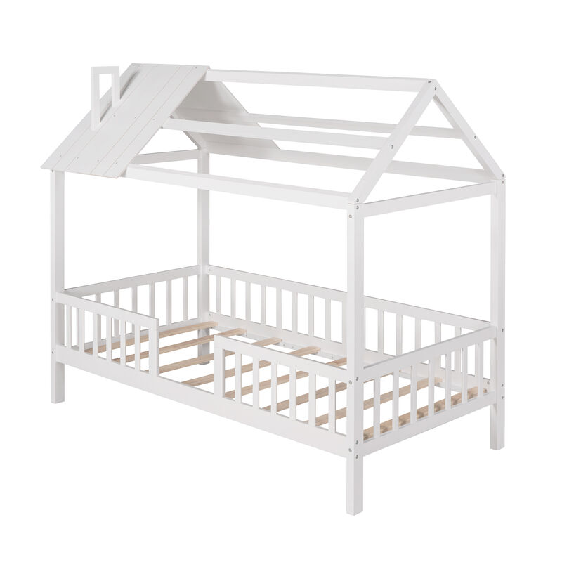 Whisen Twin Size Wood House Bed with Fence and Roof for Kids