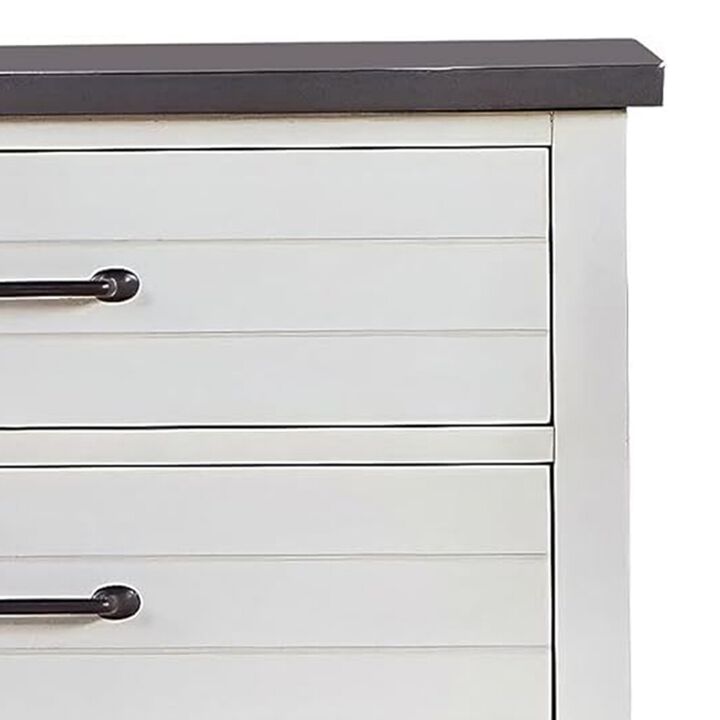 Akira 42 Inch Tall Dresser Chest, 5 Drawers, White Solid Wood, Gray Top - Benzara