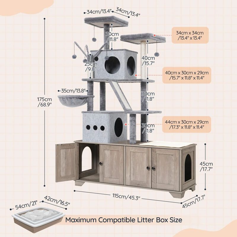 Double Cat Litter Box Hideaway with Integrated Cat Tree, Bed, and Hammock- Greige image number 2