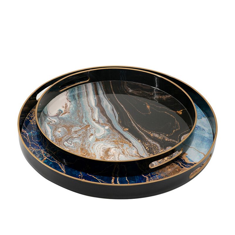 Set of 2 Round Decorative Trays, Tall Rims, Faux Marble, Blue, Gold - Benzara