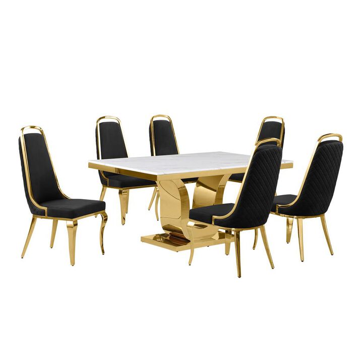 7pc Small(66") marble top dining set with gold base and 6 Black side chairs