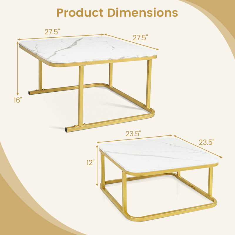 Modern Nesting Coffee Table Set with Faux Marble Surface and Metal Frame image number 2